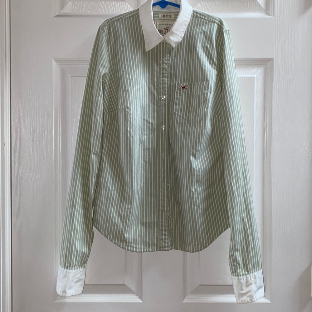 Hollister Button Up Top Green/White Strip Size XS